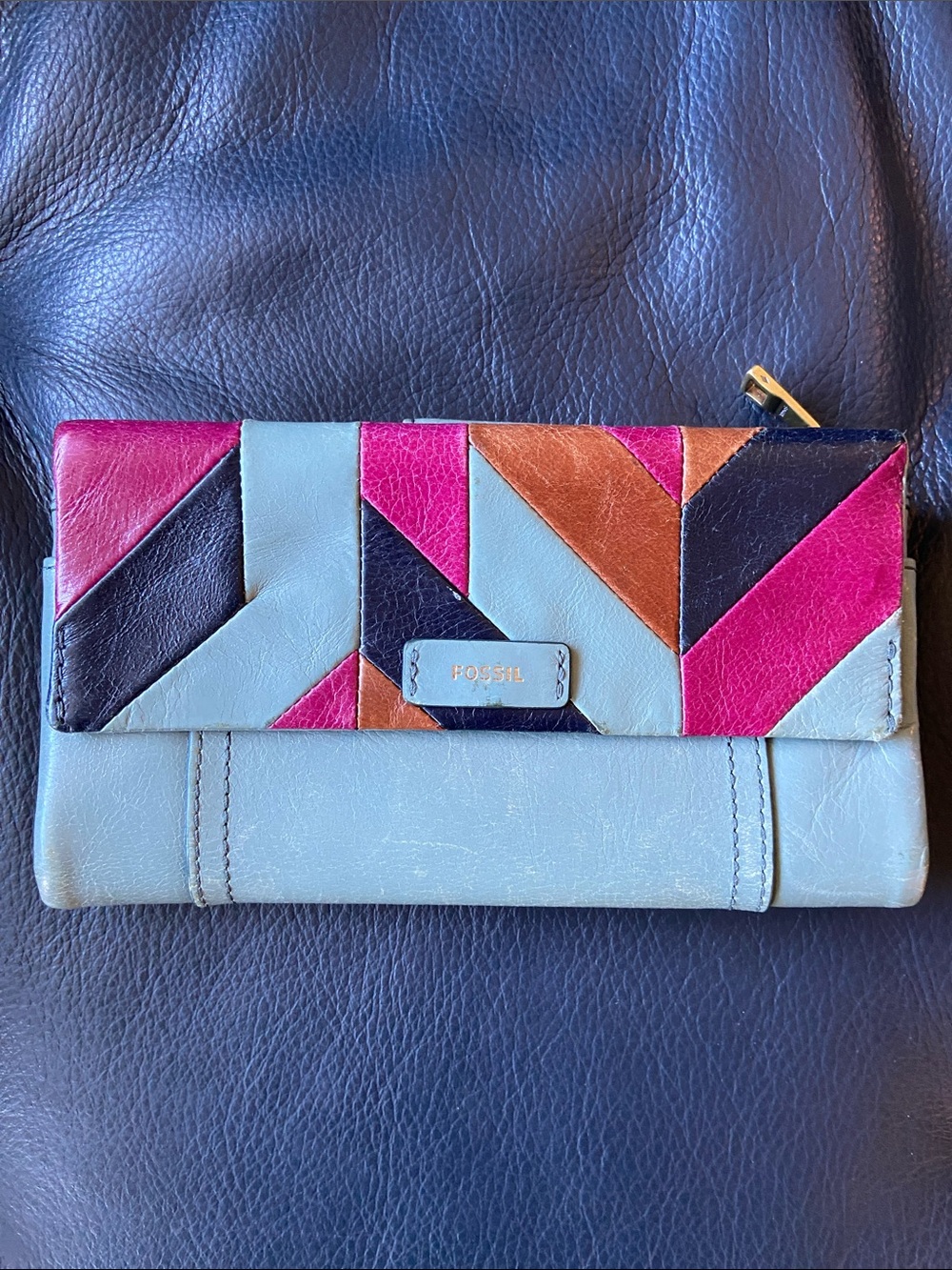 Fossil Ellis Patchwork Leather Wallet Clutch in Blue, Pink, Tan & Navy